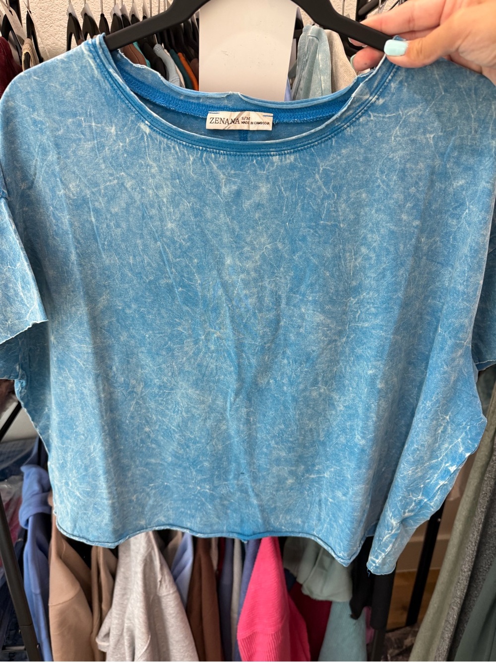 Zenana Outfitters Blue Mineral-Wash Crop Top